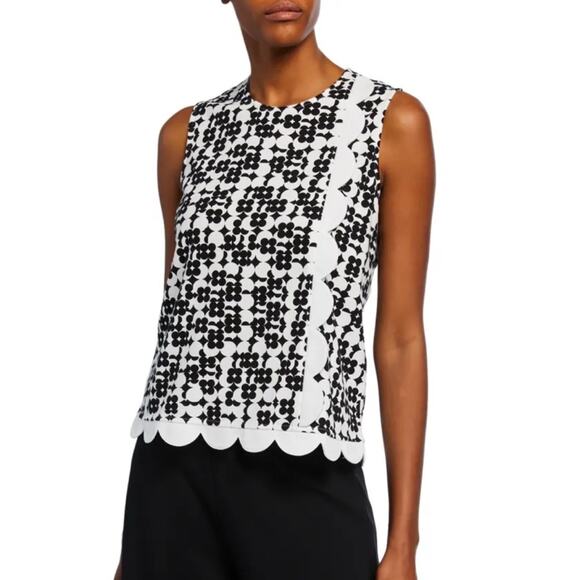Joan Vass SET Mod-Print L Crewneck Shell w Scalloped Trim WITH matching M pants! - Picture 2 of 15
